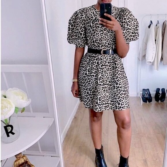 H&M Collared Leopard Print Button Up Puff Sleeve Mini Dress Size S EUC - Picture 5 of 14